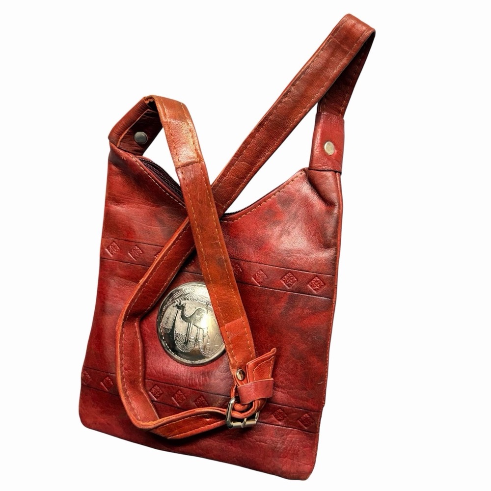 Vintage Red Leather Crossbody Bag Camel Medallion Boho Shoulder Purse